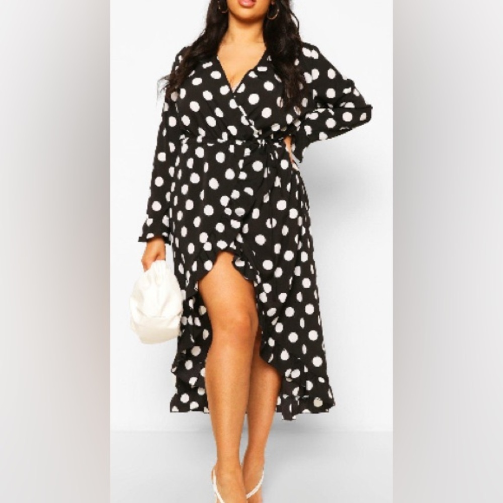 Boohoo Plus Polka Dot Ruffle Wrap Midi Dress in size 24